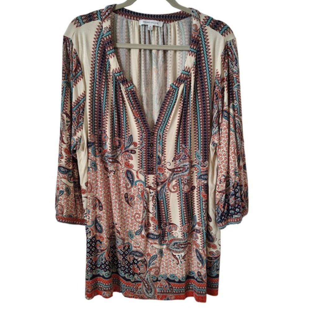 Rose and Olive Blouse Women's 3X Tan Neutral Paisley V‎ Neck Artsy Liquid Knit